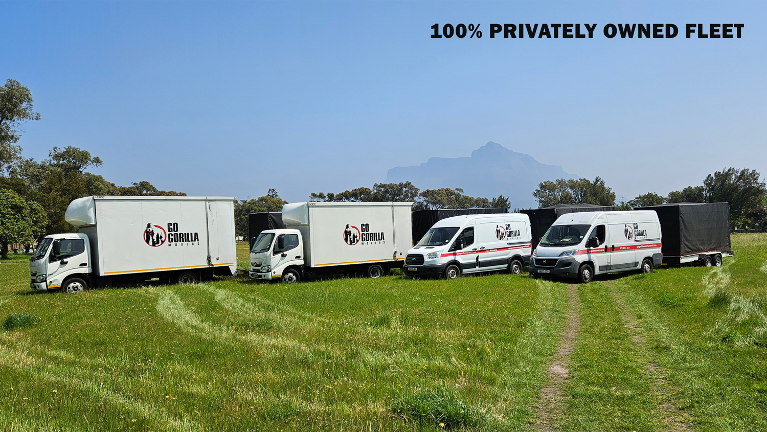Go Gorilla Movers 100% privately owned fleet, four vehicles and four custom trailers, lined up with Table Mountain behind